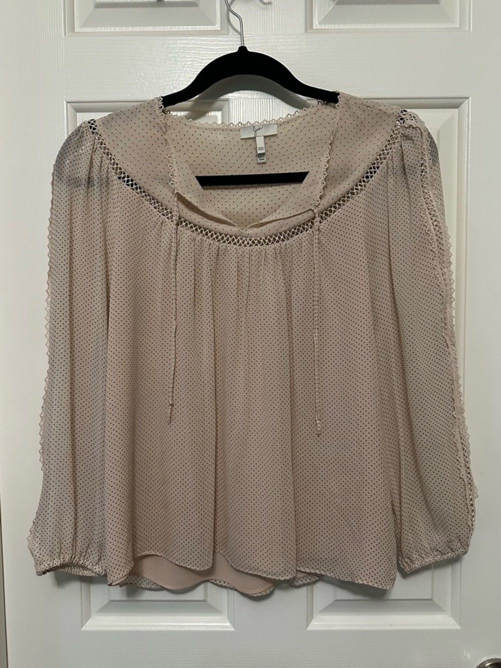 Joie Blush Pink Polka Dot Peasant Blouse with Lace Yoke